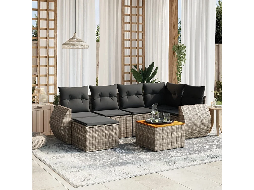 Salon de jardin avec coussins 7 pcs gris résine tressée