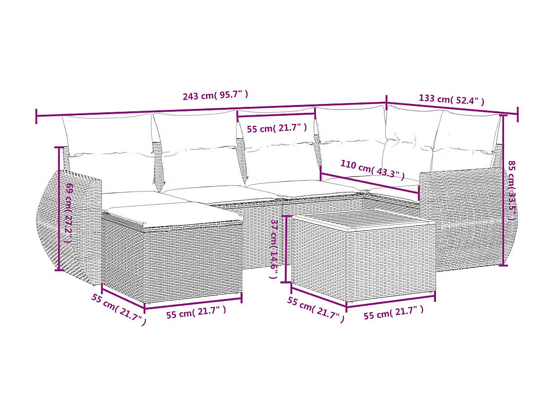 Salon de jardin avec coussins 7 pcs gris résine tressée