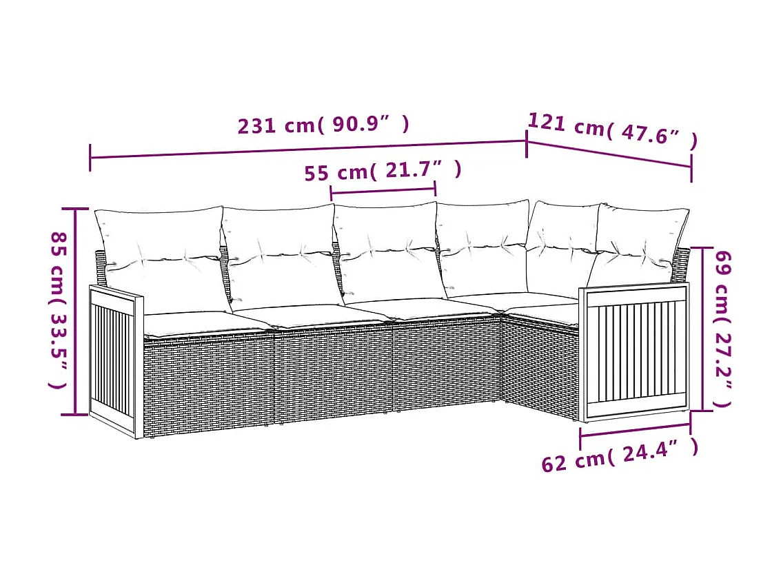Salon de jardin 5 pcs avec coussins gris résine tressée
