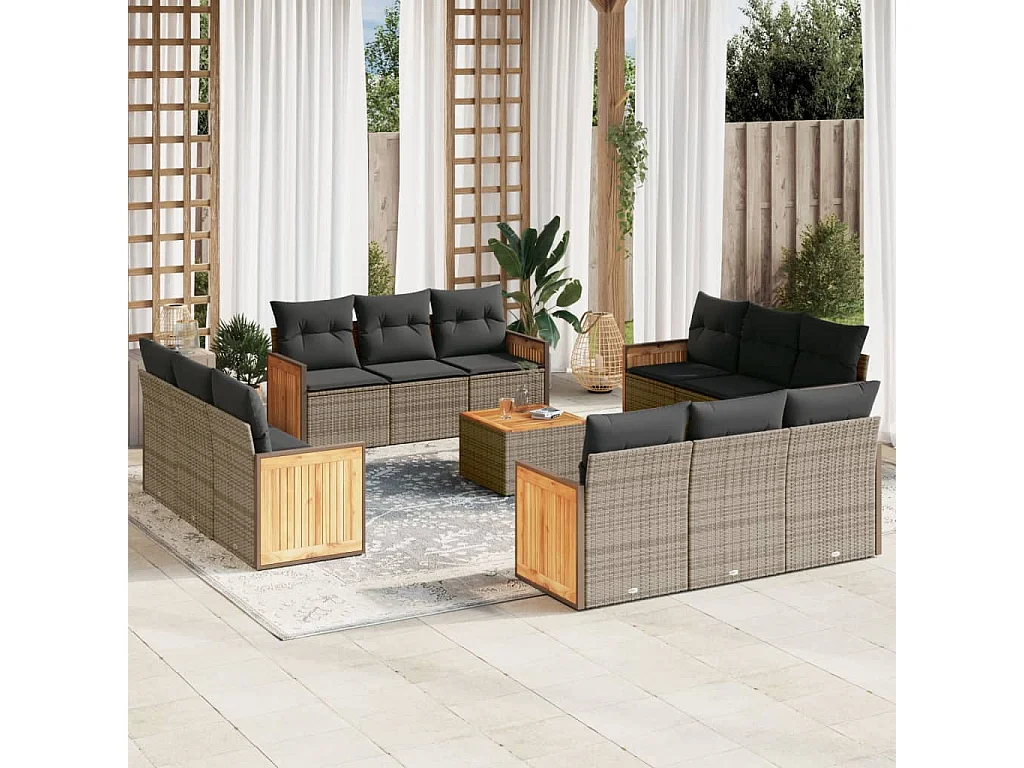 Salon de jardin avec coussins 13 pcs gris résine tressée