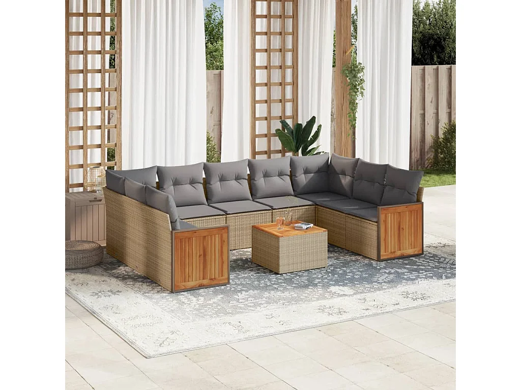 Salon de jardin avec coussins 10 pcs beige résine tressée