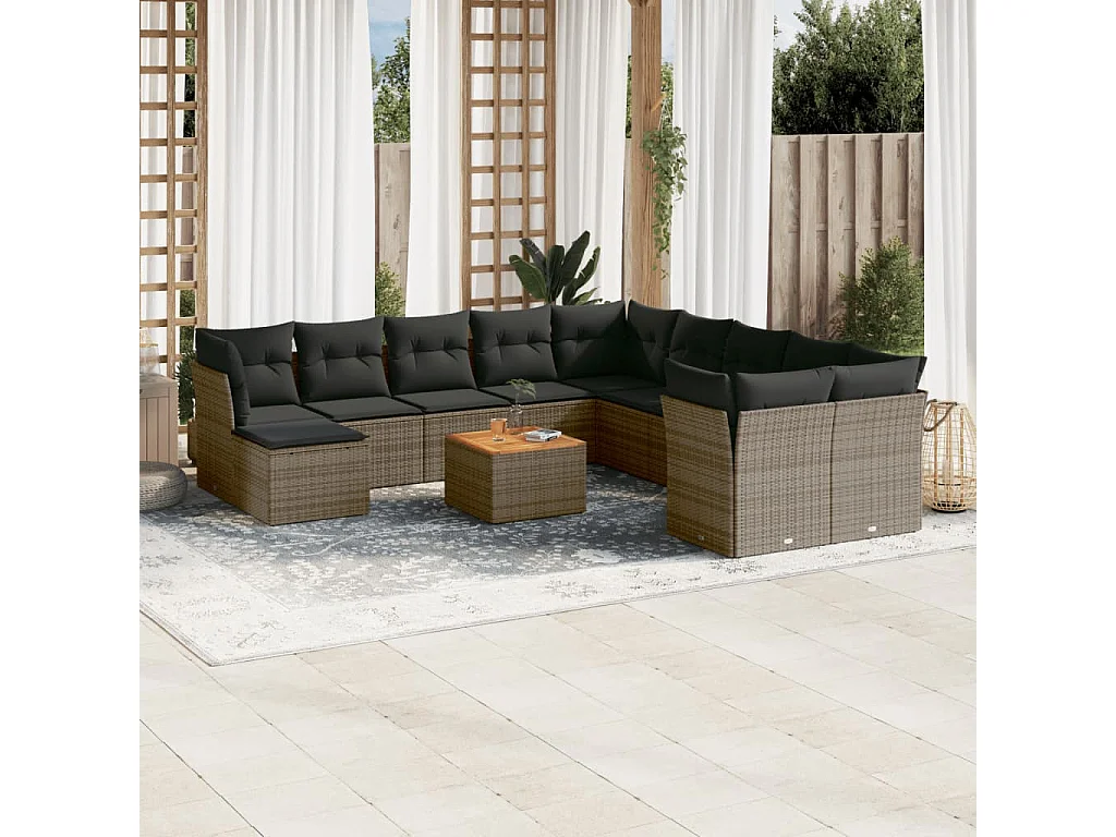 Salon de jardin avec coussins 12 pcs gris résine tressée