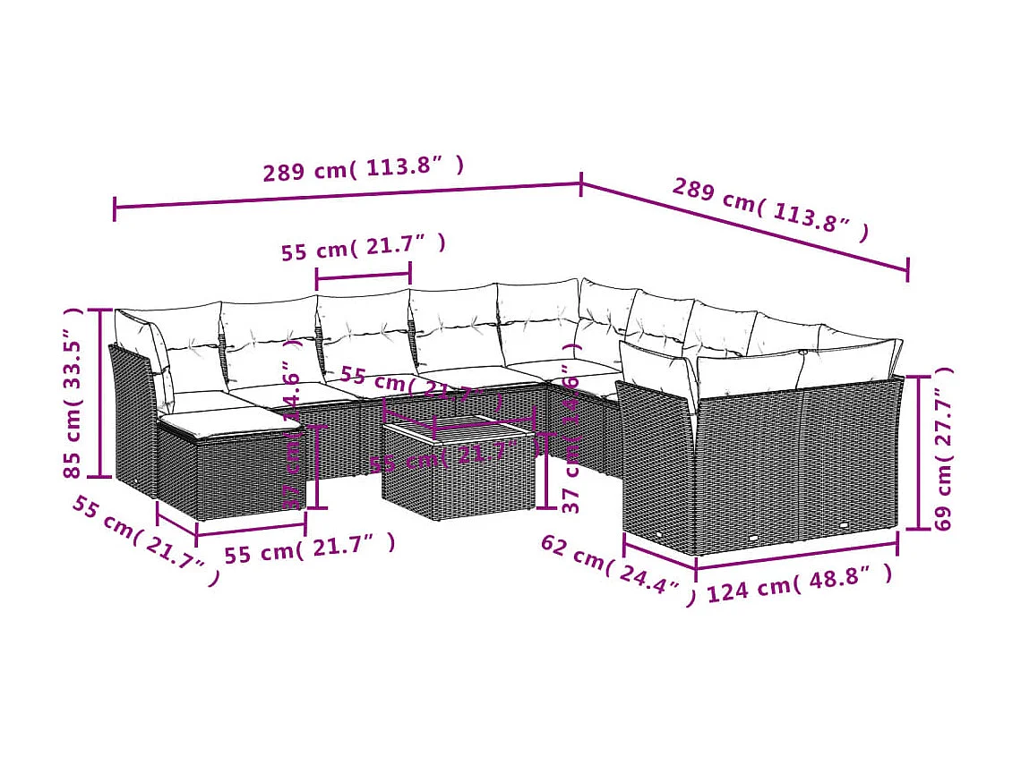 Salon de jardin avec coussins 12 pcs gris résine tressée