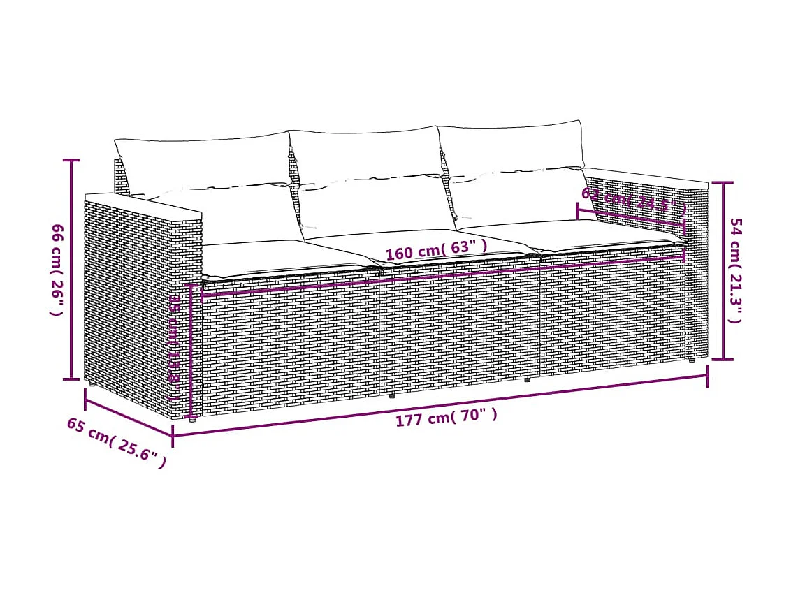 Canapé de jardin avec coussins 3 places gris résine tressée