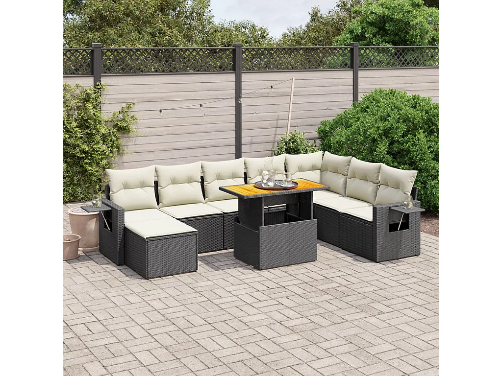 Salon de jardin 9 pcs avec coussins noir résine tressée