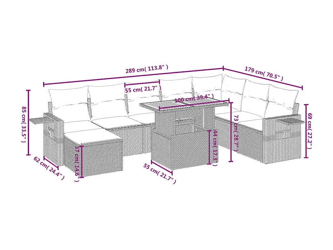 Salon de jardin 9 pcs avec coussins noir résine tressée