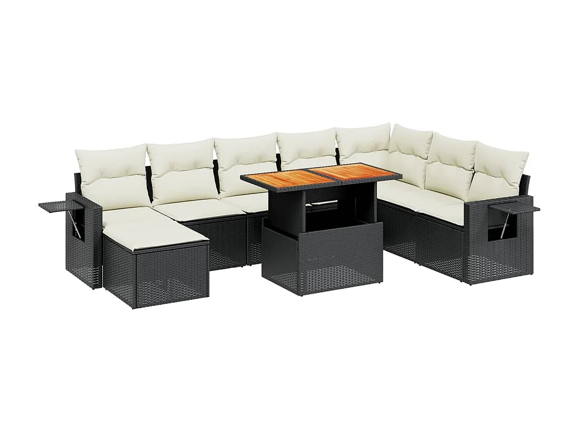 Salon de jardin 9 pcs avec coussins noir résine tressée
