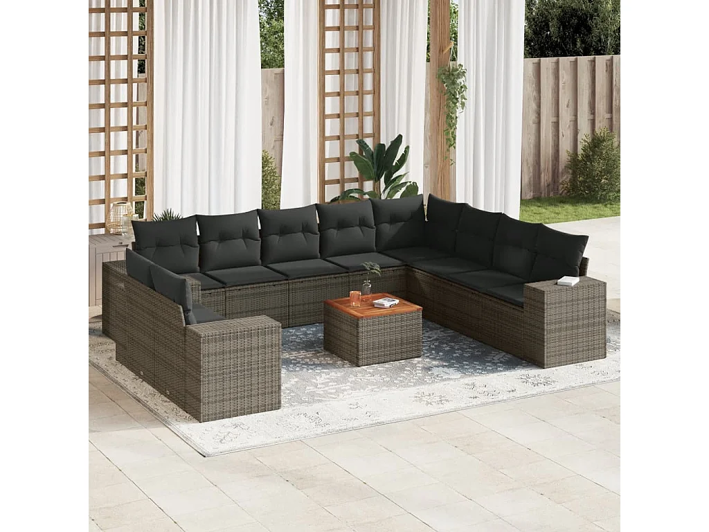 Salon de jardin 11 pcs avec coussins gris résine tressée