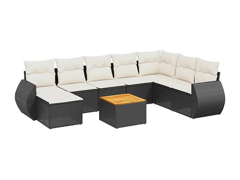 Salon de jardin 9 pcs avec coussins noir résine tressée