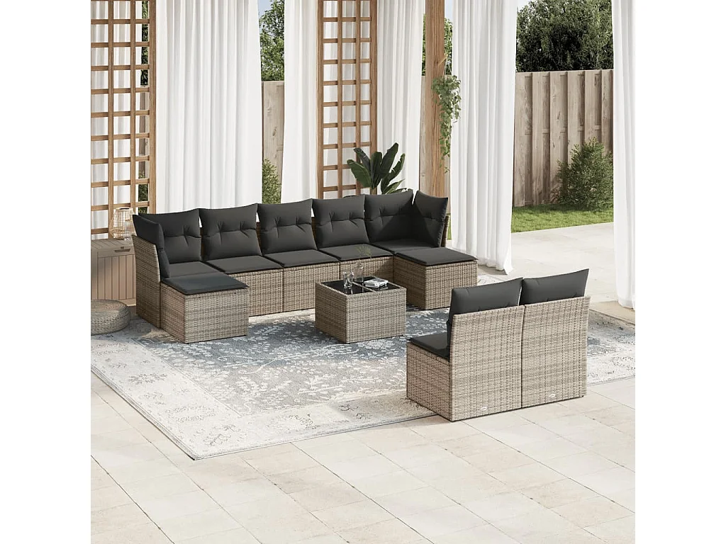 Salon de jardin avec coussins 10 pcs gris résine tressée