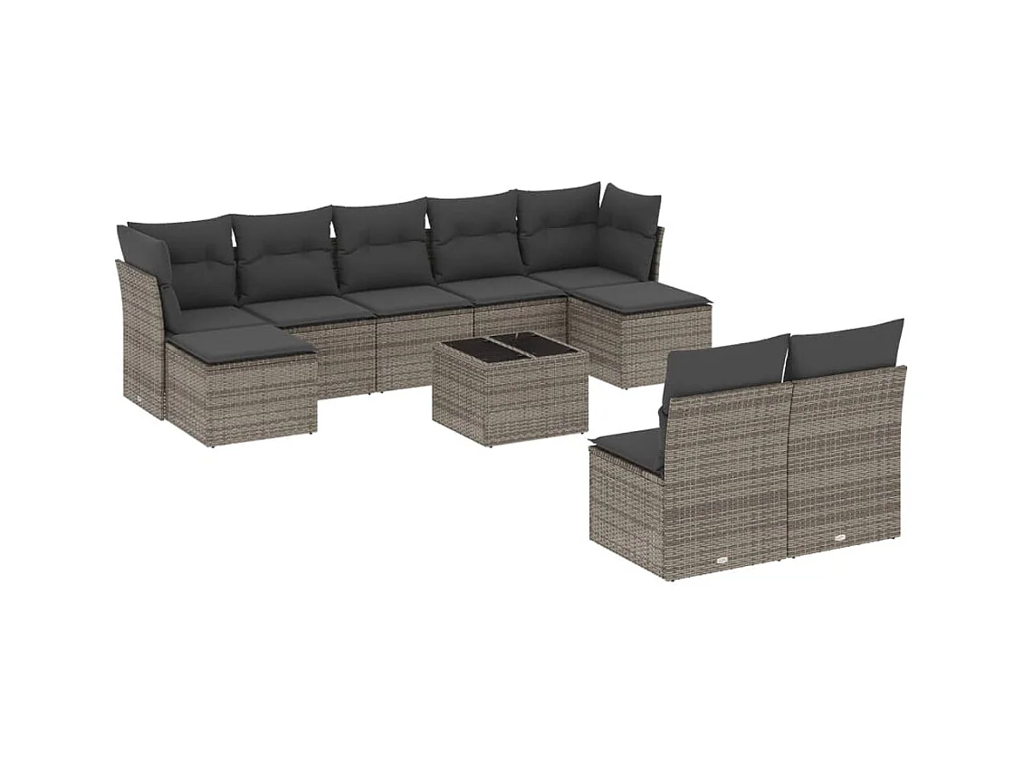Salon de jardin avec coussins 10 pcs gris résine tressée