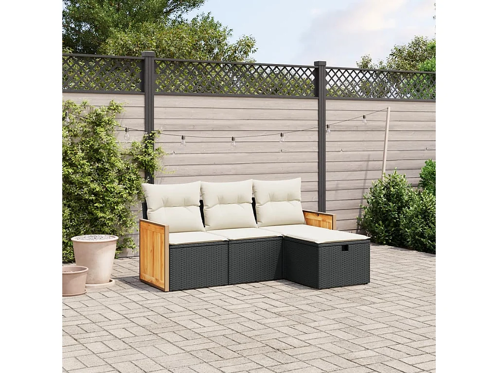 Salon de jardin 4 pcs avec coussins noir résine tressée