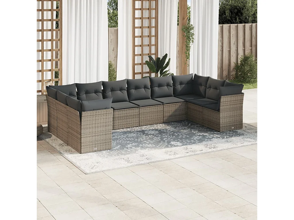 Salon de jardin avec coussins 10 pcs gris résine tressée