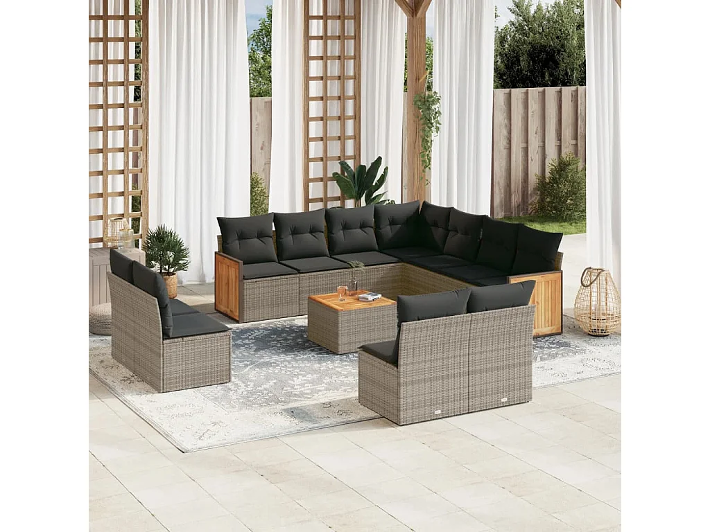 Salon de jardin avec coussins 12 pcs gris résine tressée