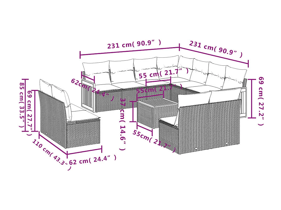 Salon de jardin avec coussins 12 pcs gris résine tressée