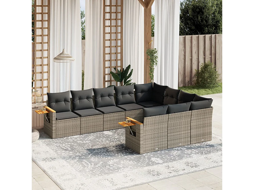 Salon de jardin avec coussins 10 pcs gris résine tressée