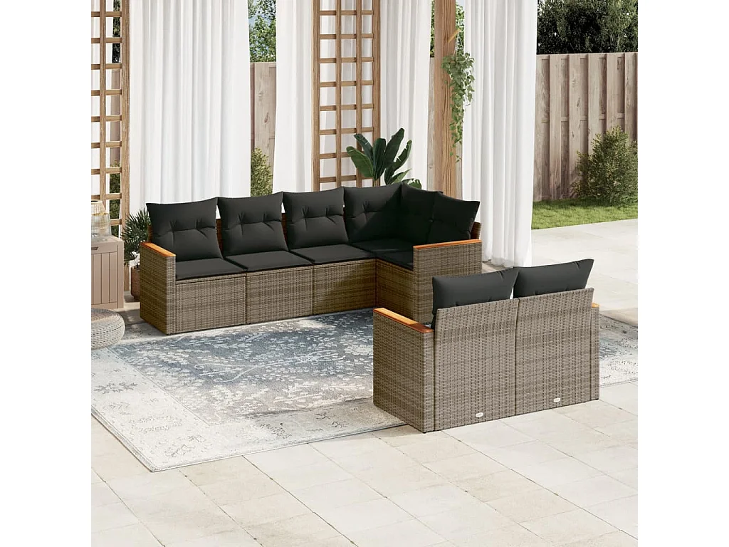 Salon de jardin avec coussins 7 pcs gris résine tressée