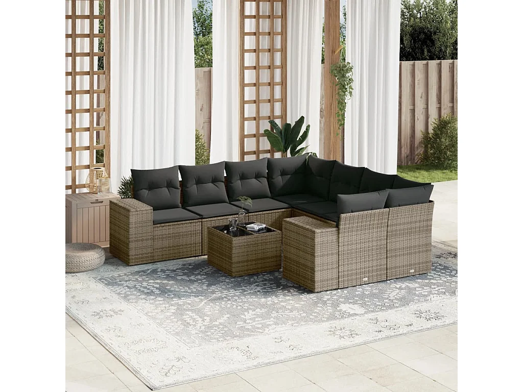 Salon de jardin 9 pcs avec coussins gris résine tressée