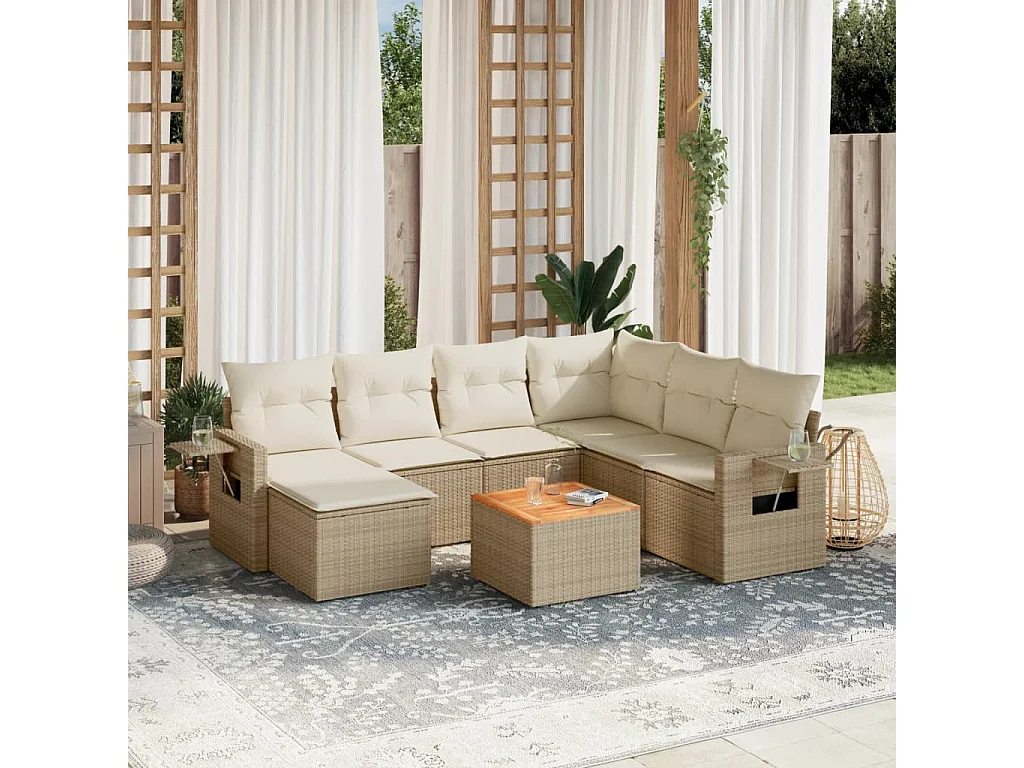 Salon de jardin avec coussins 8 pcs beige résine tressée