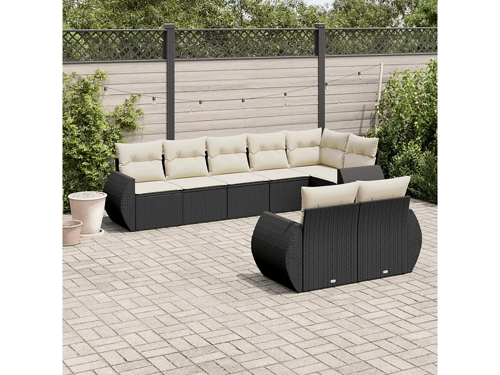 Salon de jardin 8 pcs avec coussins noir résine tressée