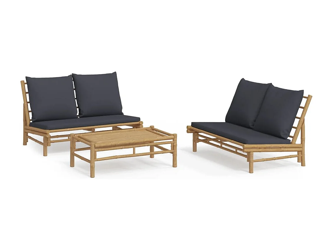 Salon de jardin 3 pcs avec coussins gris foncé bambou