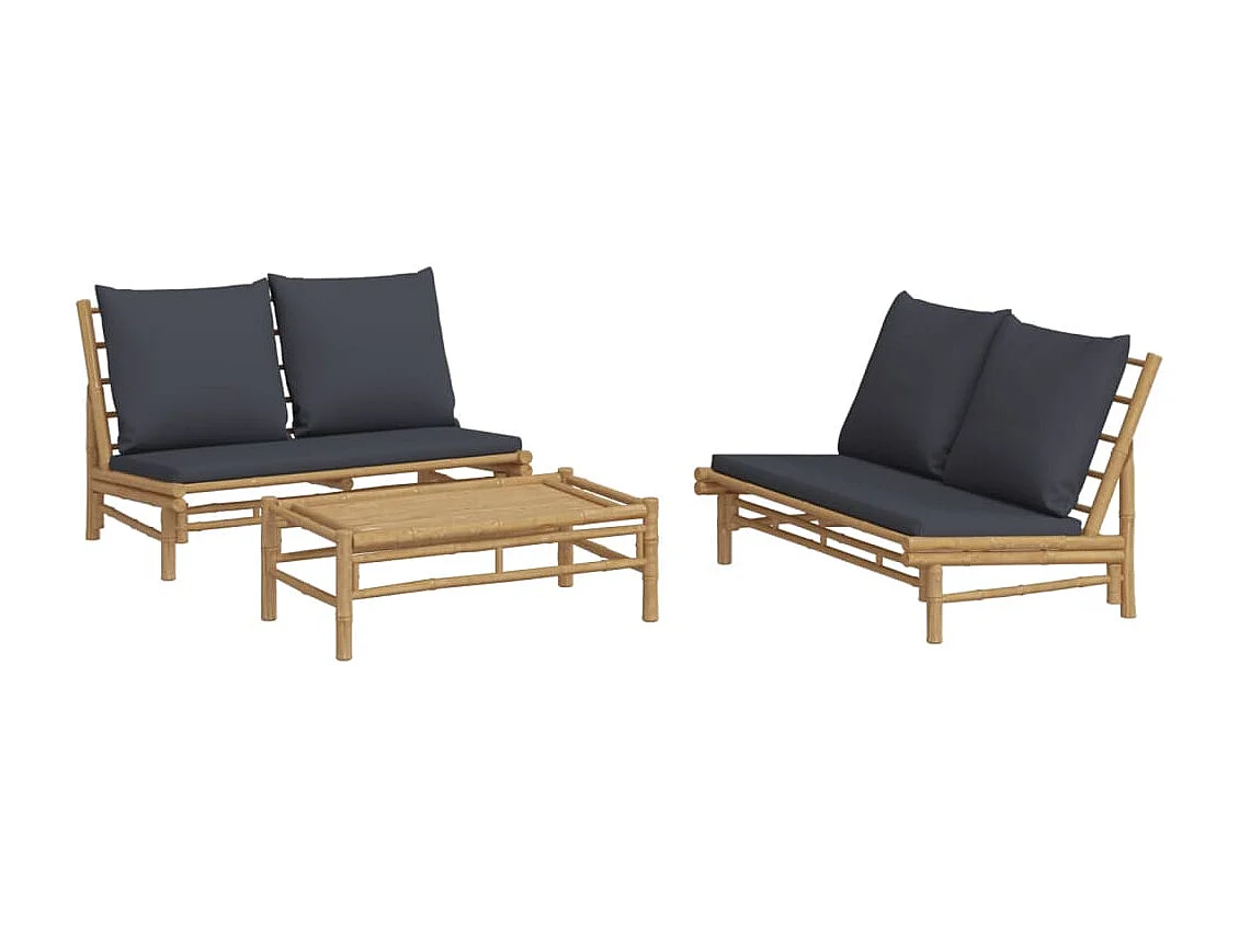 Salon de jardin 3 pcs avec coussins gris foncé bambou