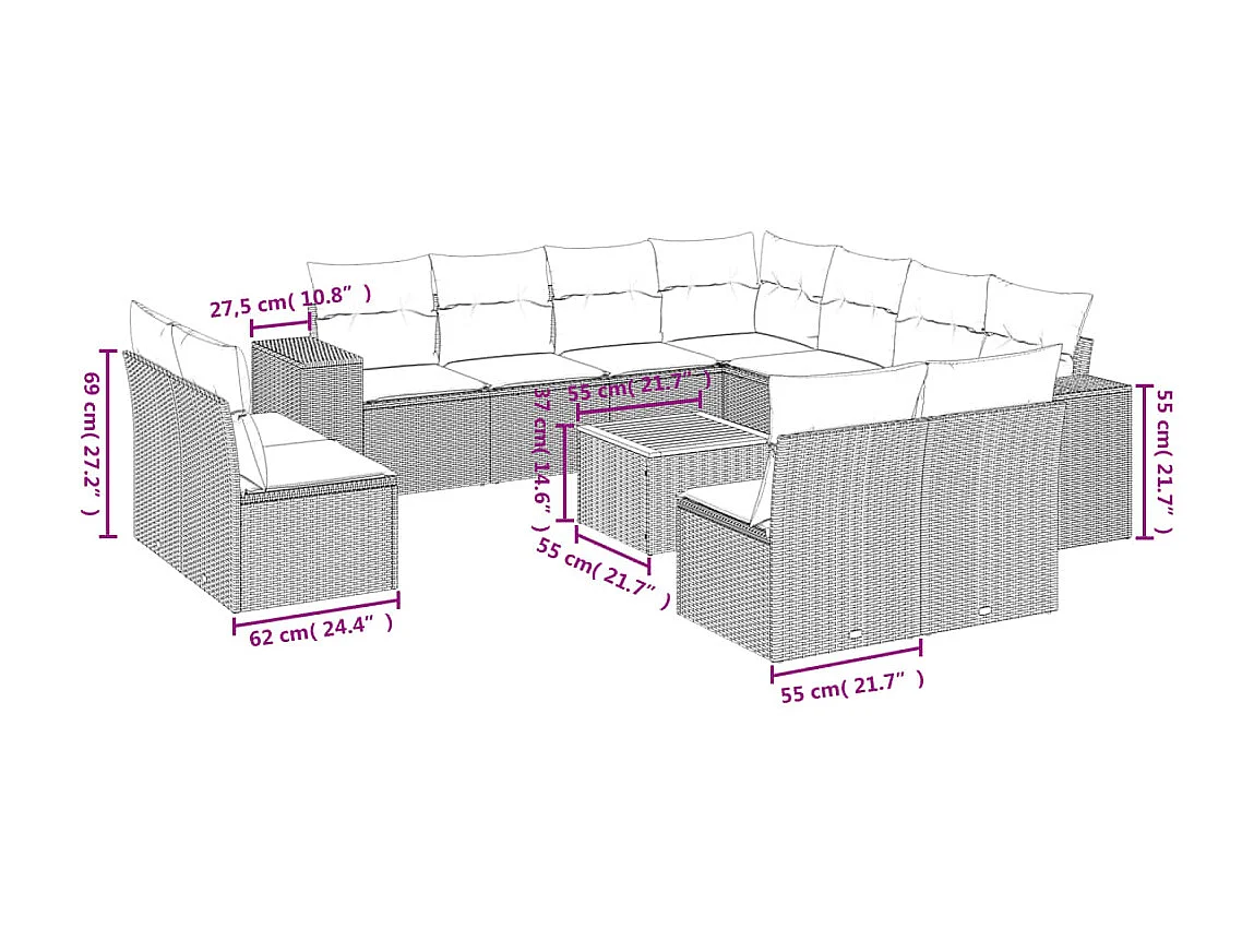 Salon de jardin avec coussins 12 pcs beige résine tressée