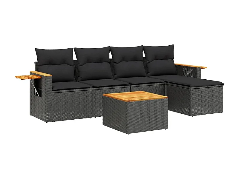 Salon de jardin 6 pcs avec coussins noir résine tressée