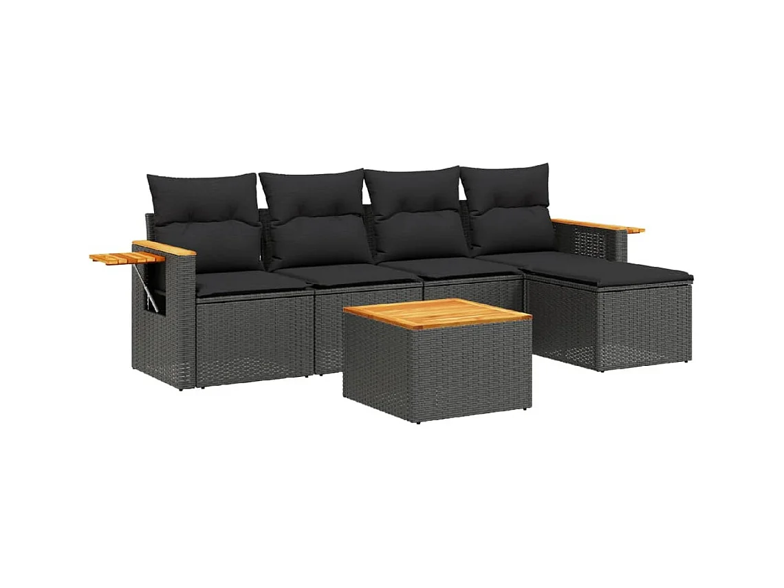 Salon de jardin 6 pcs avec coussins noir résine tressée