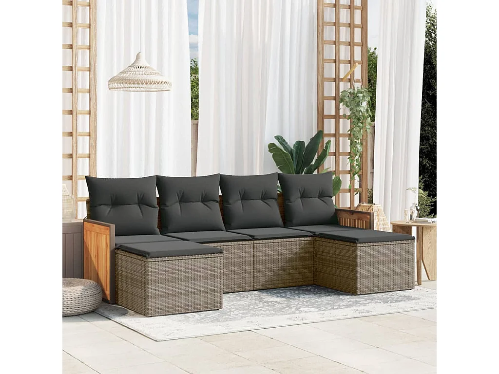 Salon de jardin 6 pcs avec coussins gris résine tressée