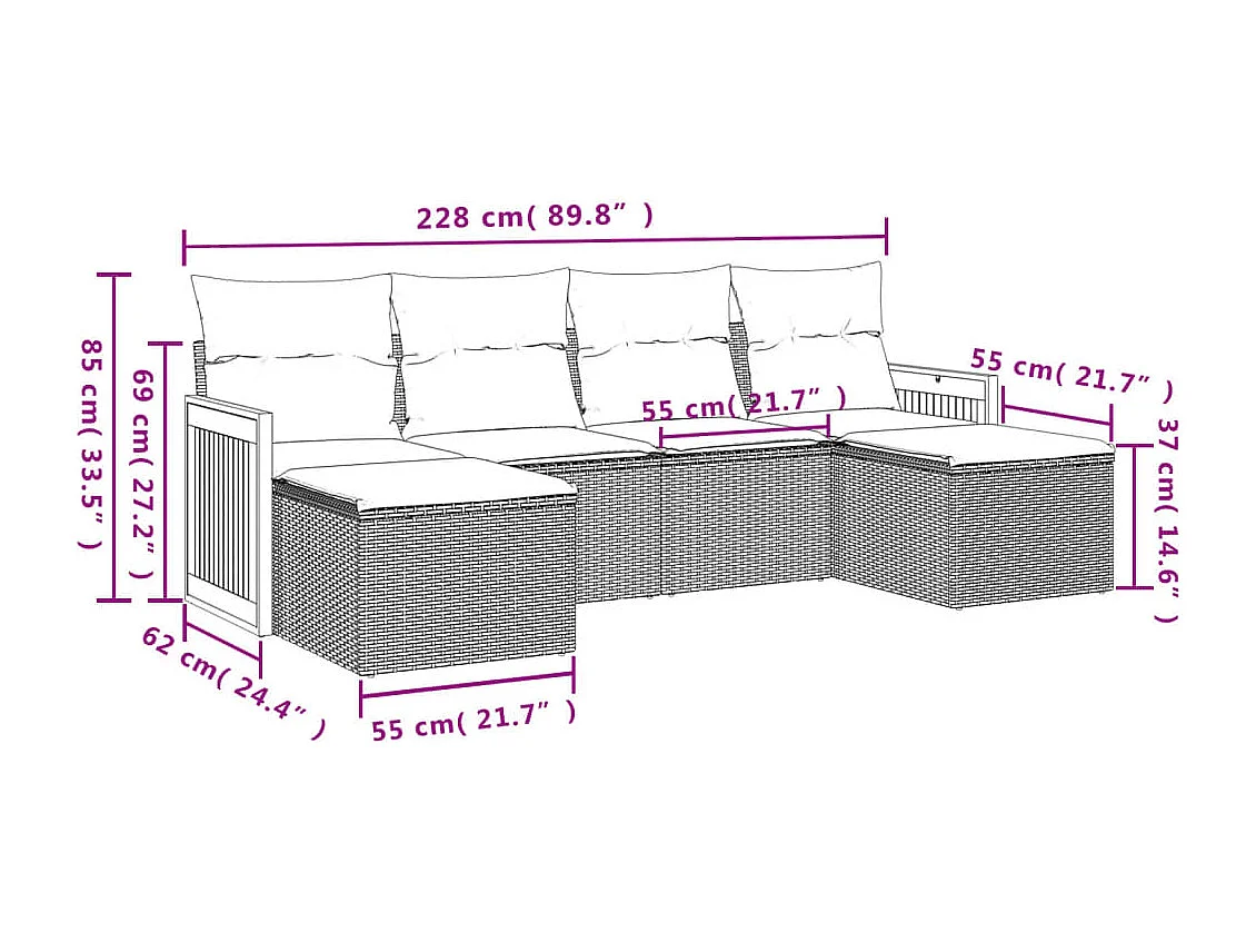 Salon de jardin 6 pcs avec coussins gris résine tressée