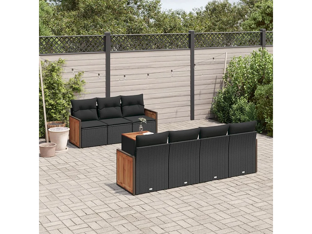 Salon de jardin 8 pcs avec coussins noir résine tressée