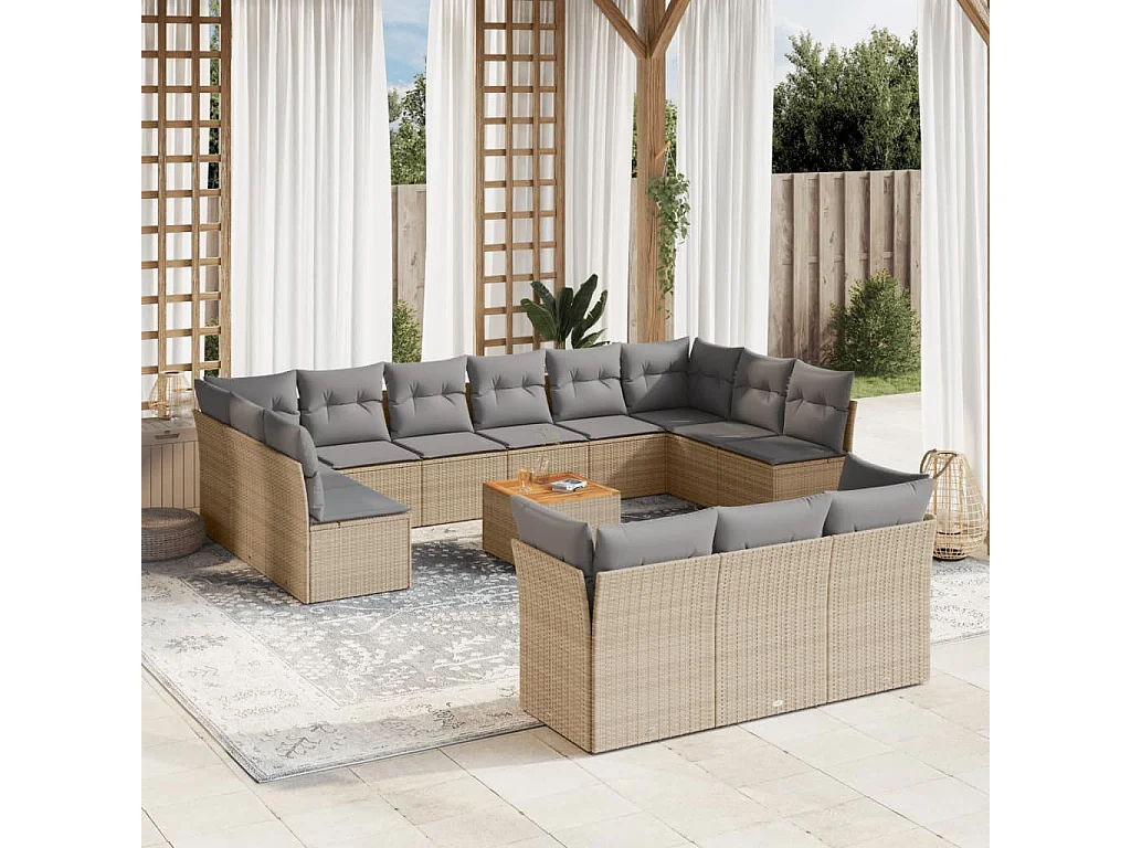 Salon de jardin avec coussins 14 pcs beige résine tressée