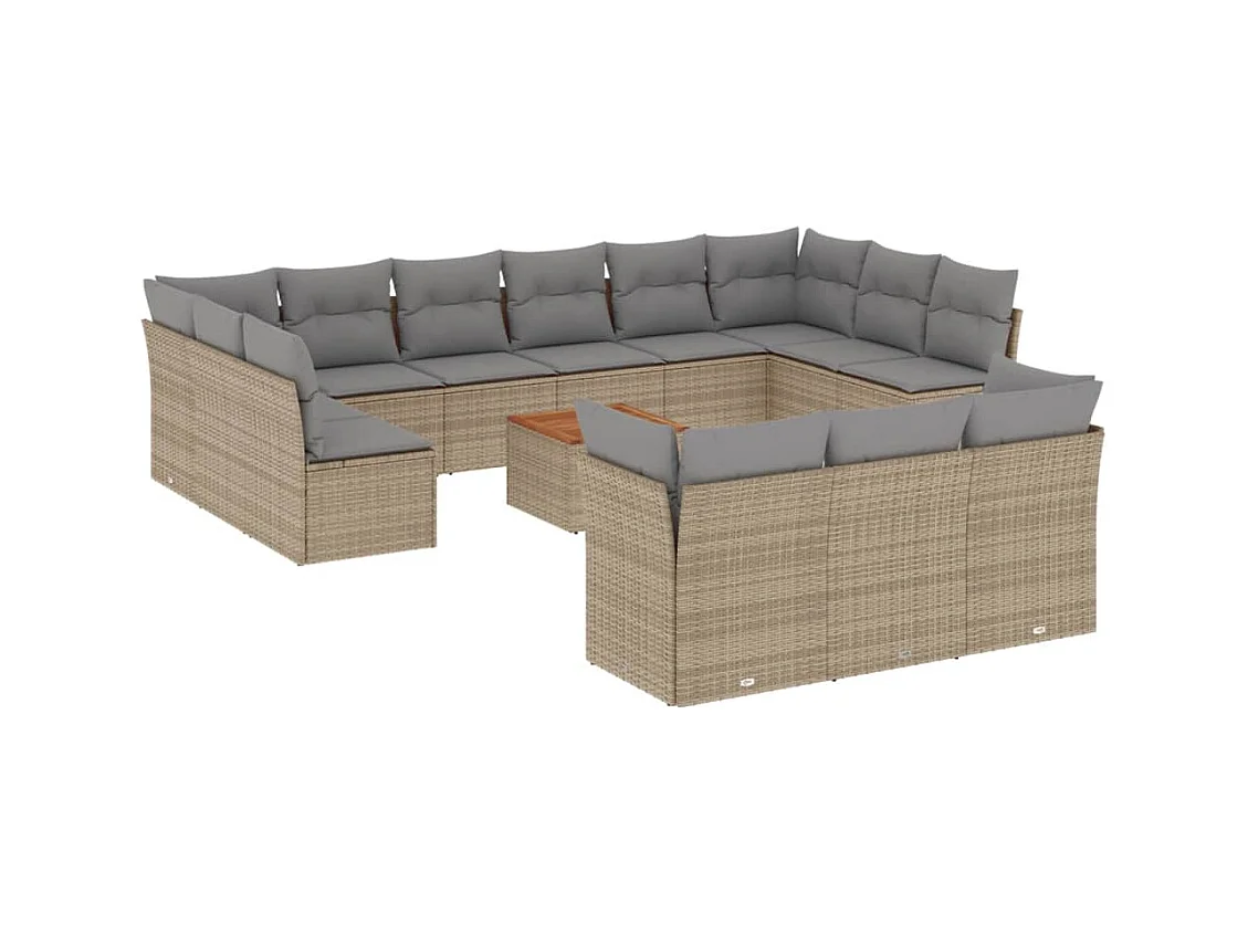 Salon de jardin avec coussins 14 pcs beige résine tressée
