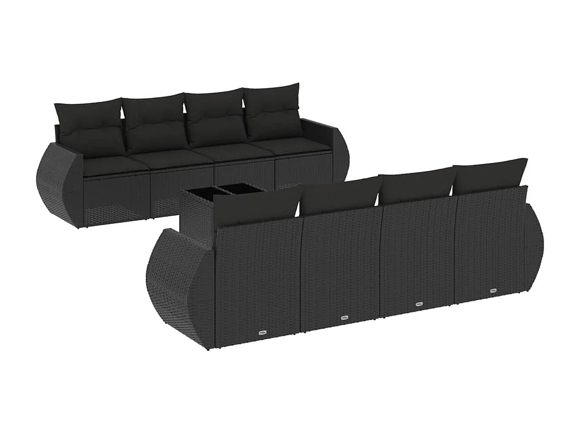 Salon de jardin 9 pcs avec coussins noir résine tressée