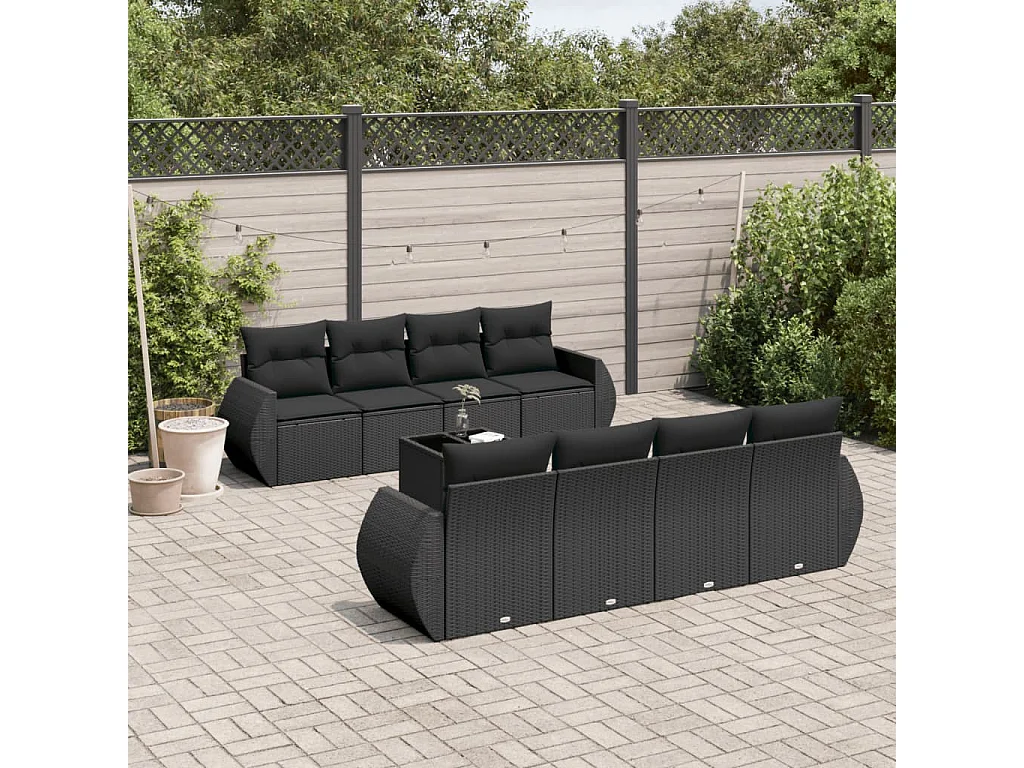 Salon de jardin 9 pcs avec coussins noir résine tressée