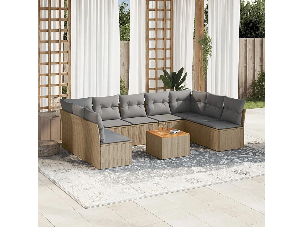 Salon de jardin avec coussins 10 pcs beige résine tressée