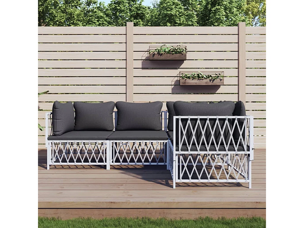 Salon de jardin 4 pcs avec coussins blanc acier
