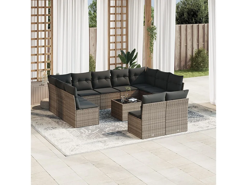 Salon de jardin avec coussins 12 pcs gris résine tressée