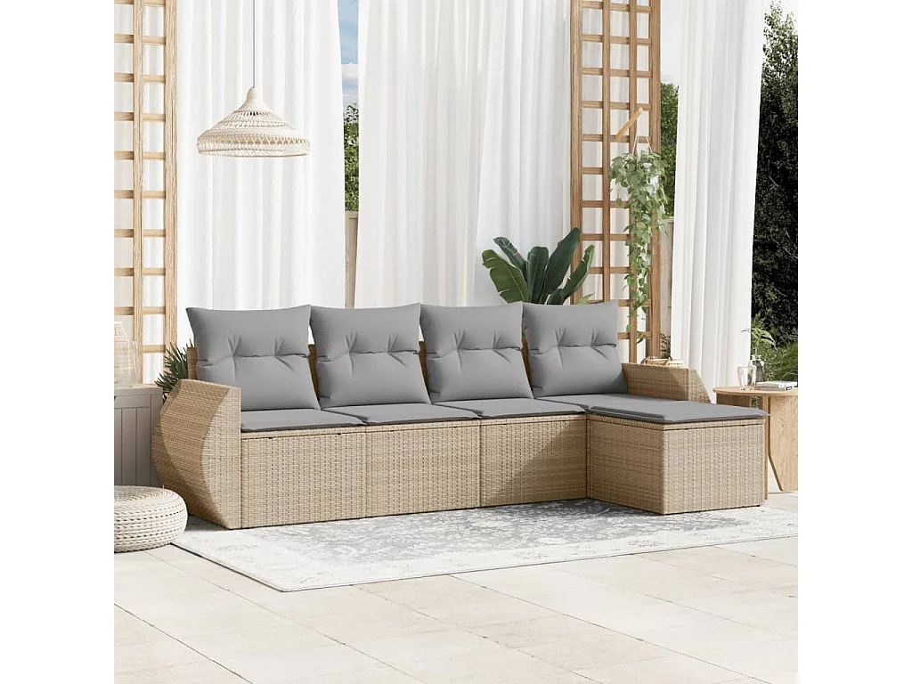 Salon de jardin avec coussins 5 pcs beige résine tressée