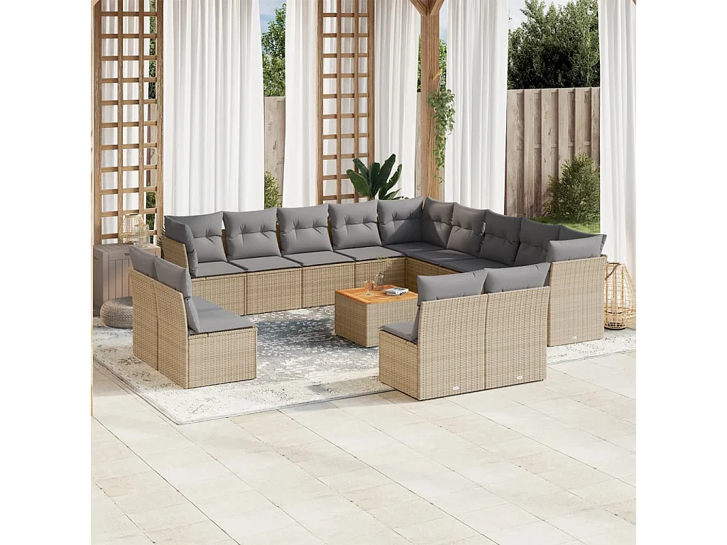 Salon de jardin avec coussins 14 pcs beige résine tressée