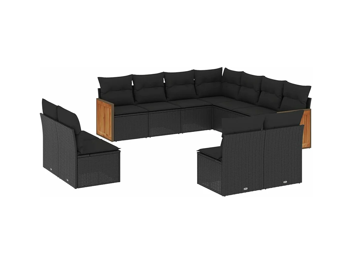 Salon de jardin 11 pcs avec coussins noir résine tressée