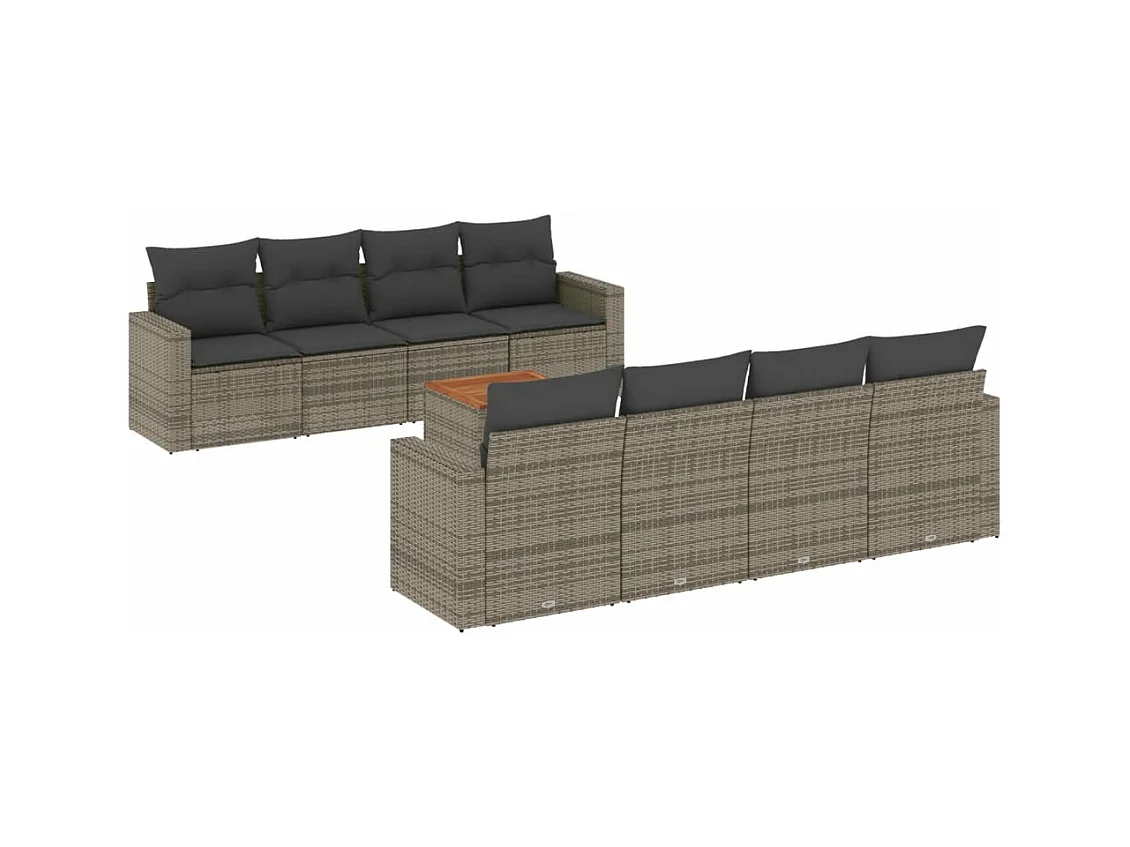 Salon de jardin 9 pcs avec coussins gris résine tressée