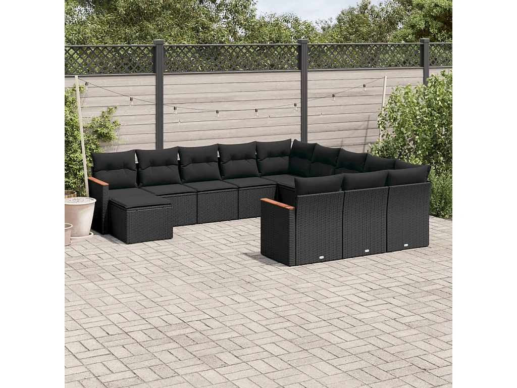 Salon de jardin 12 pcs avec coussins noir résine tressée