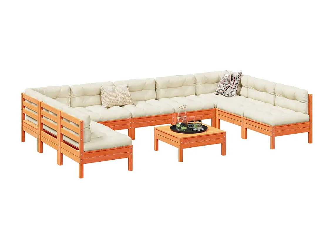 Salon de jardin 10pcs avec coussins cire marron bois pin massif