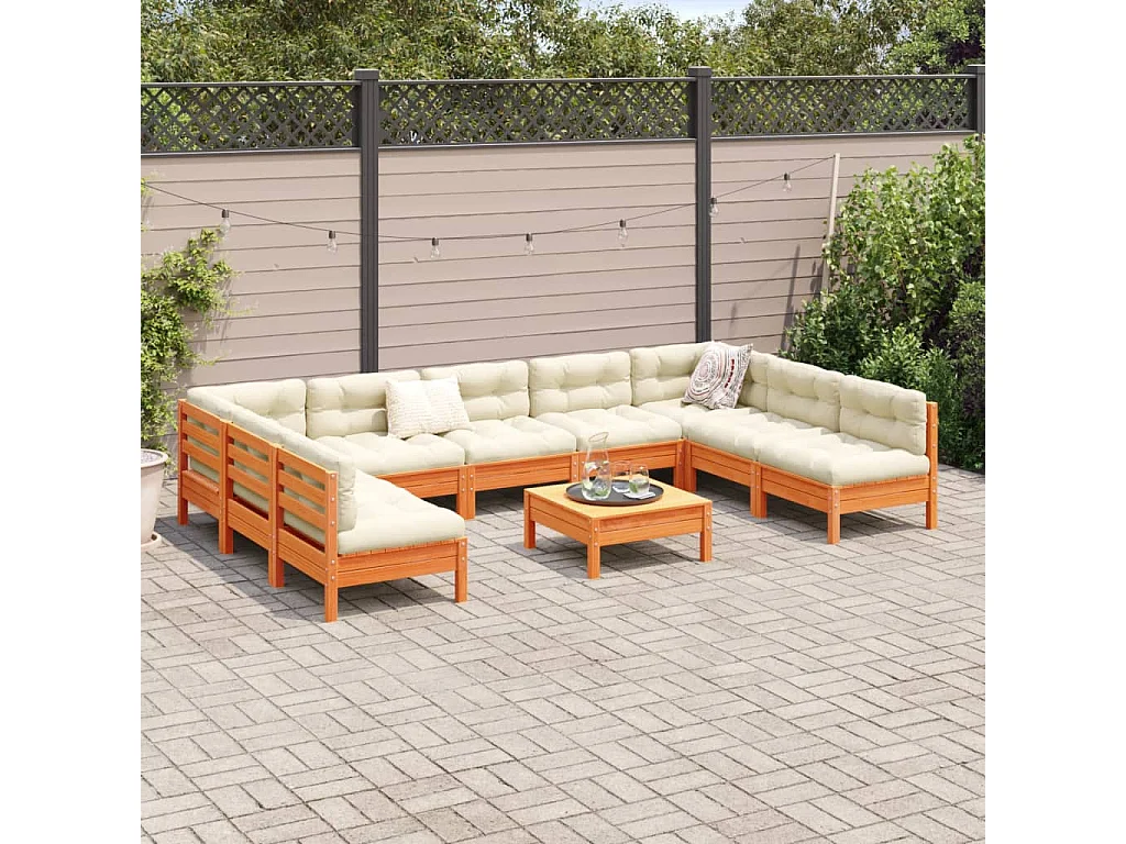 Salon de jardin 10pcs avec coussins cire marron bois pin massif