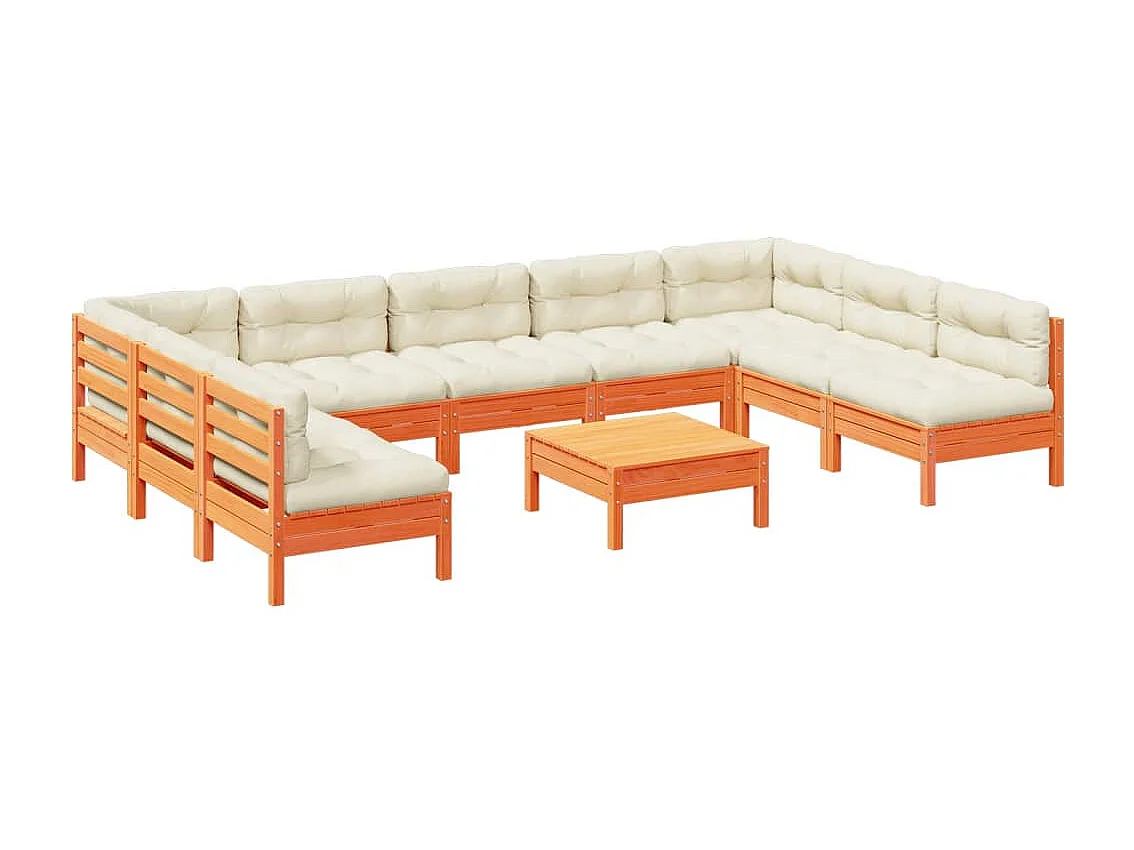 Salon de jardin 10pcs avec coussins cire marron bois pin massif