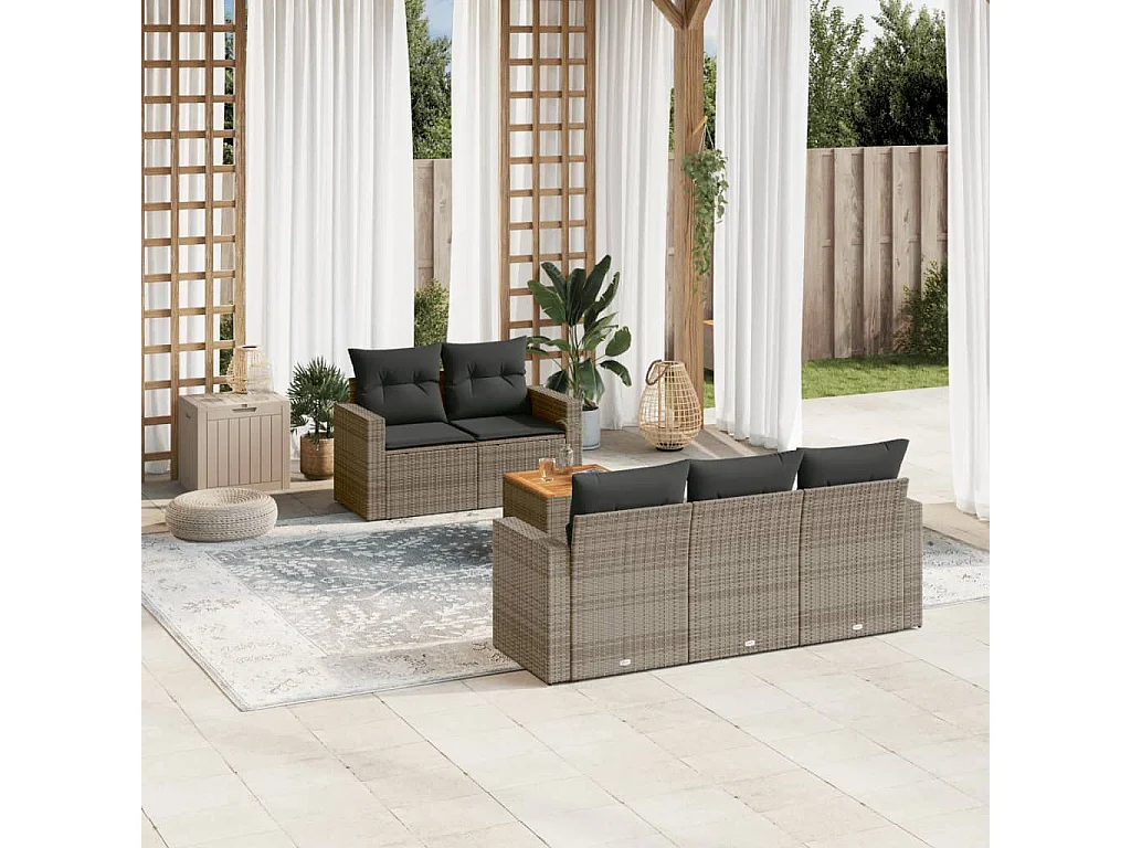 Salon de jardin 6 pcs avec coussins gris résine tressée