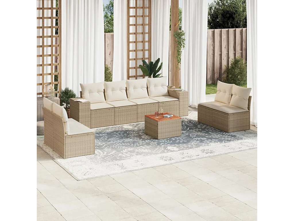 Salon de jardin avec coussins 9 pcs beige résine tressée