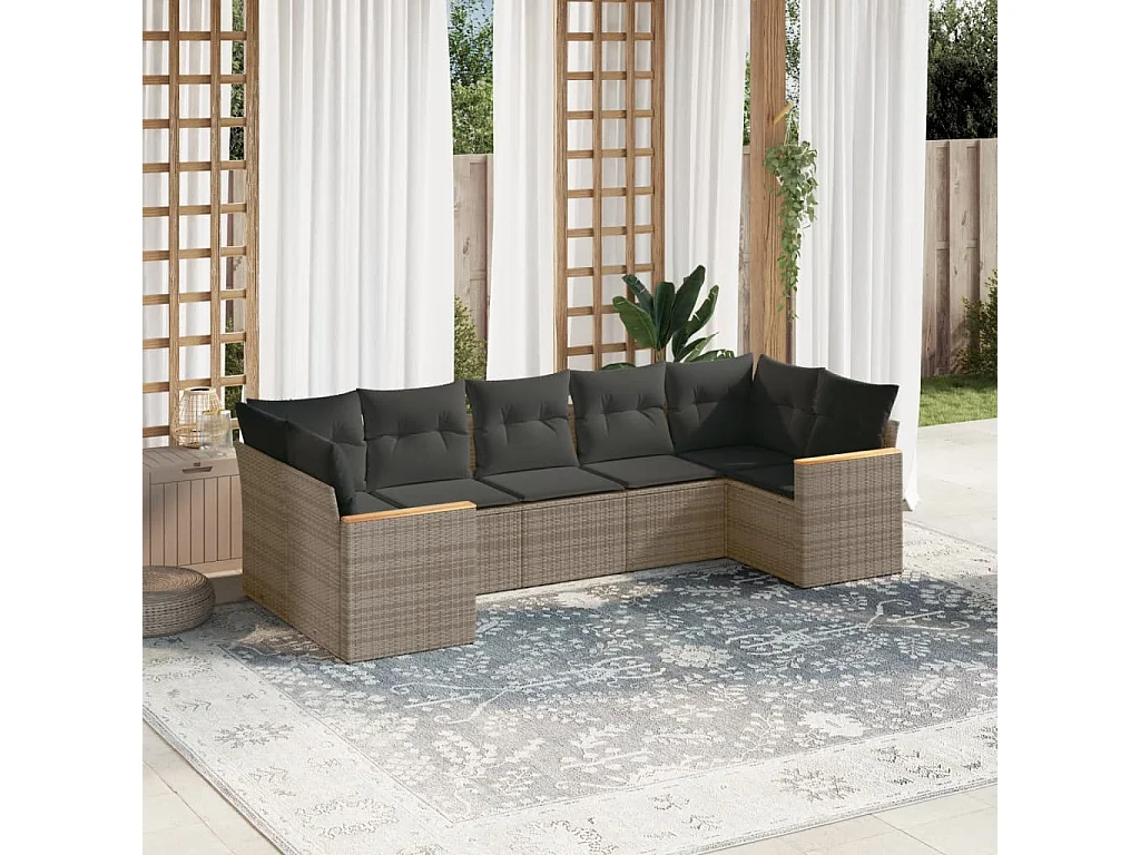 Salon de jardin avec coussins 7 pcs gris résine tressée